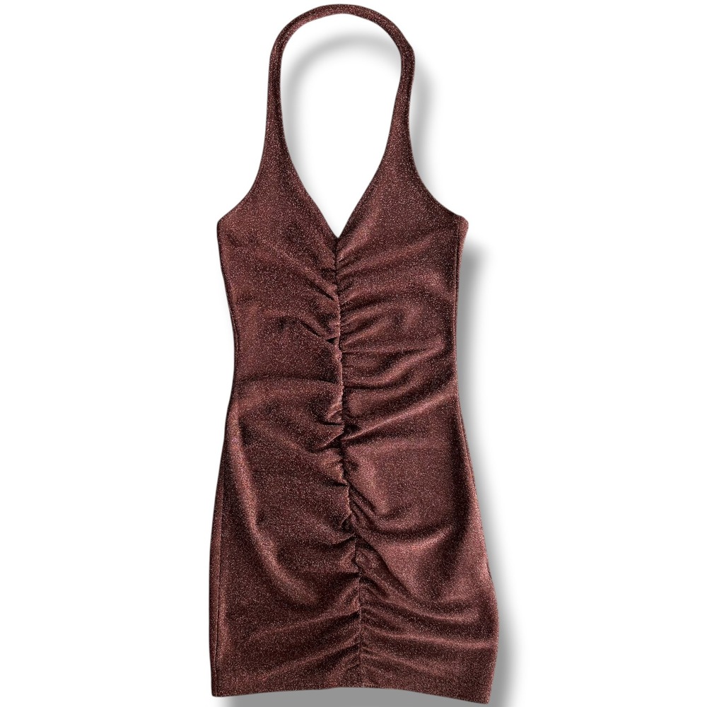Divided H&M SZ XXS Brown Metallic Ruched VNeck Shimmer Bodycon Halter Mini Dress
